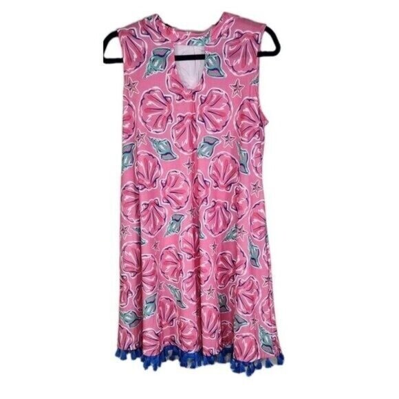 Simply Southern Sleeveless Pink Shells Blue Starfish Beachy Tassel  Dress Size M - Picture 1 of 6